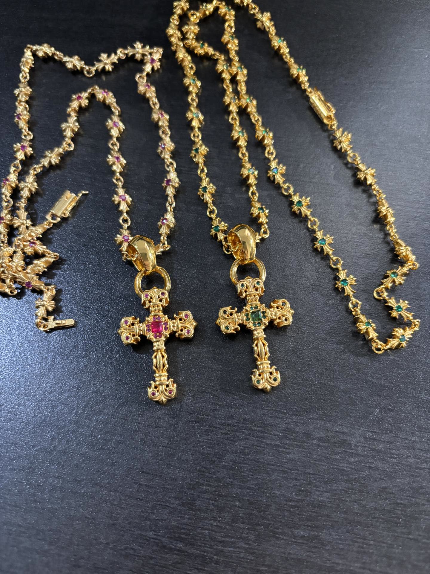 Chrome Hearts Gold Tone Emerald Cross Pendant Necklace
